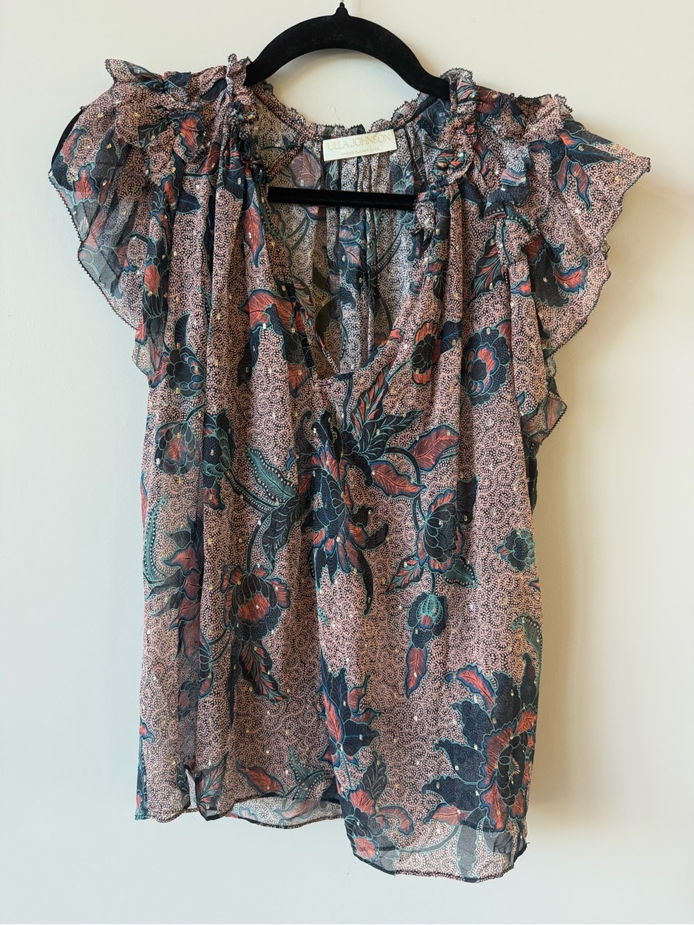 Ulla Johnson Pink and Teal Floral Ruffle-Sleeve Silk Top